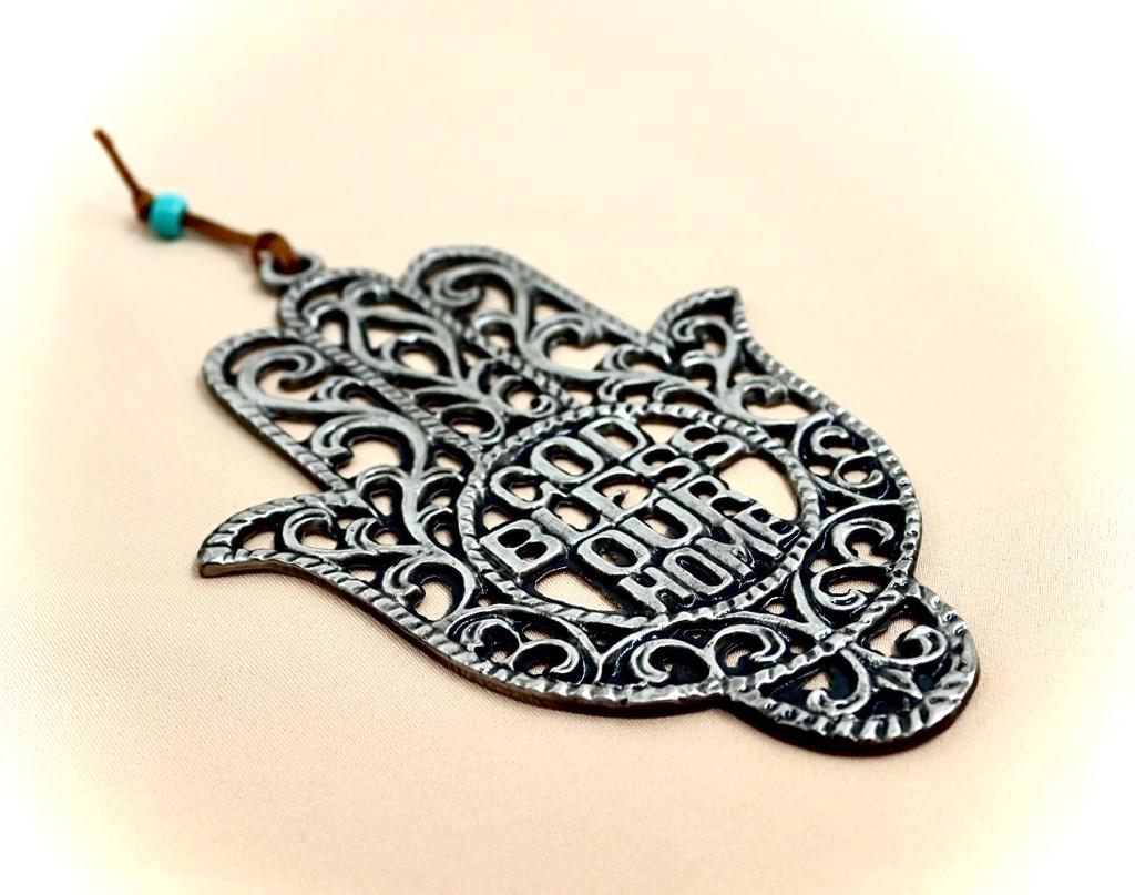 metal hamsa designed with "GOD BLESS OUR HOME"