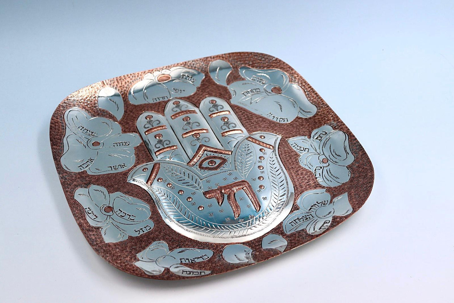 Handmade copper hammering of Hamsa with blessings in Hebrew. made by David Miro in Israel