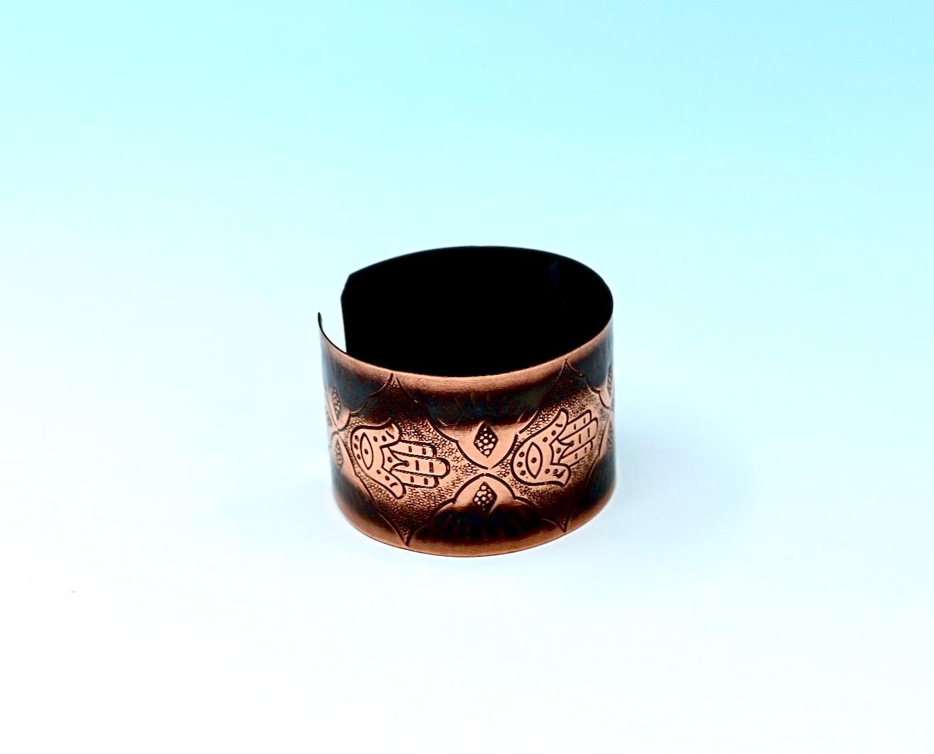 Handmade copper bracelet, with Hamsa design
