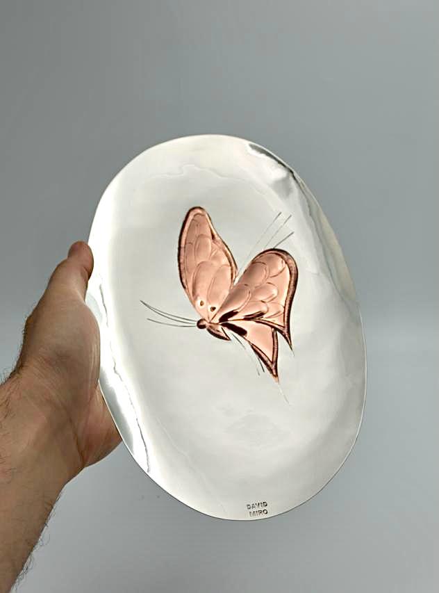 Hand made silver plated copper engraving of a butterfly, hand made by David Miro and Sons.