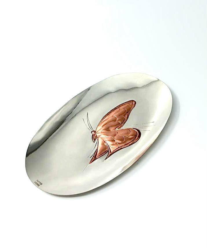 Hand made silver plated copper engraving of a butterfly, hand made by David Miro and Sons.
