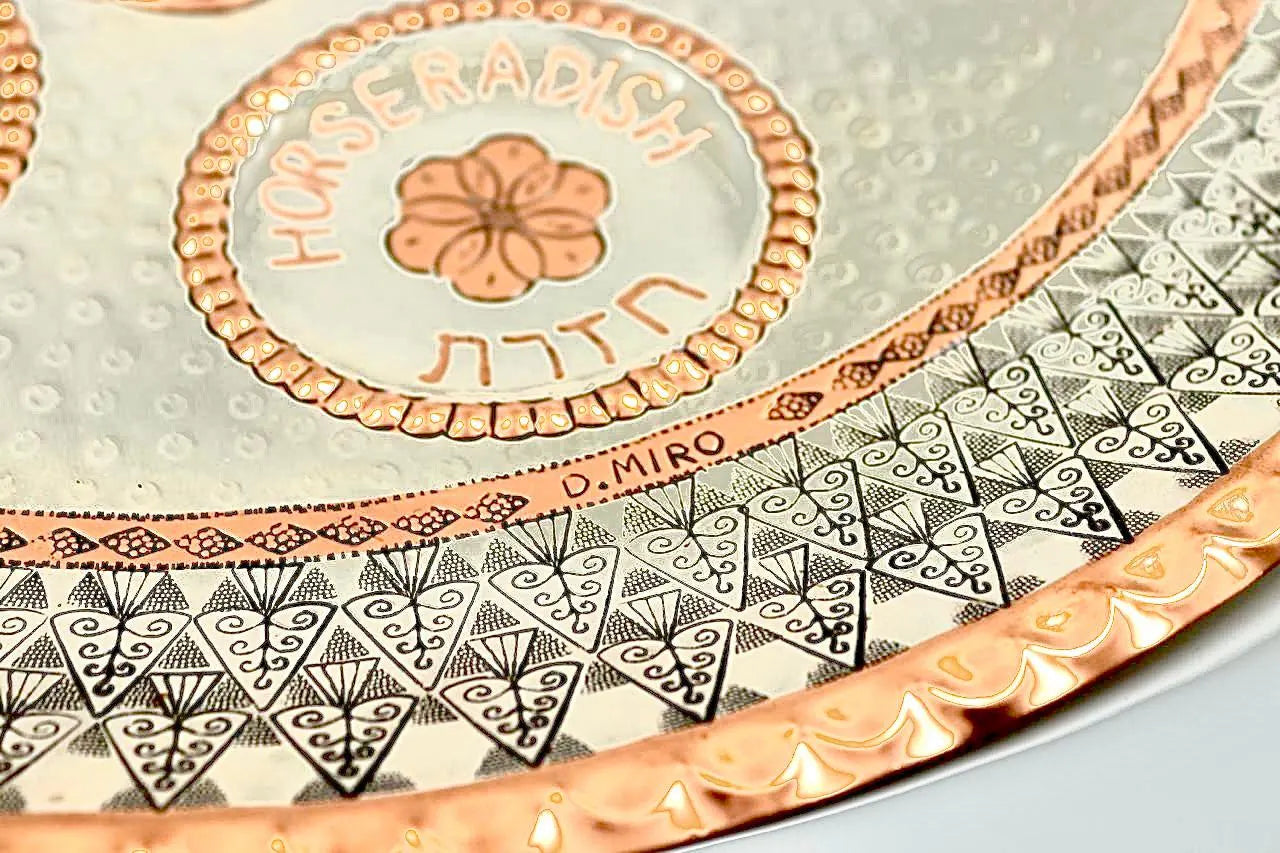 Unique handmade Passover plate. Handmade embroidery on copper and silver of a Passover plate, not blackened. Made by David Miro.