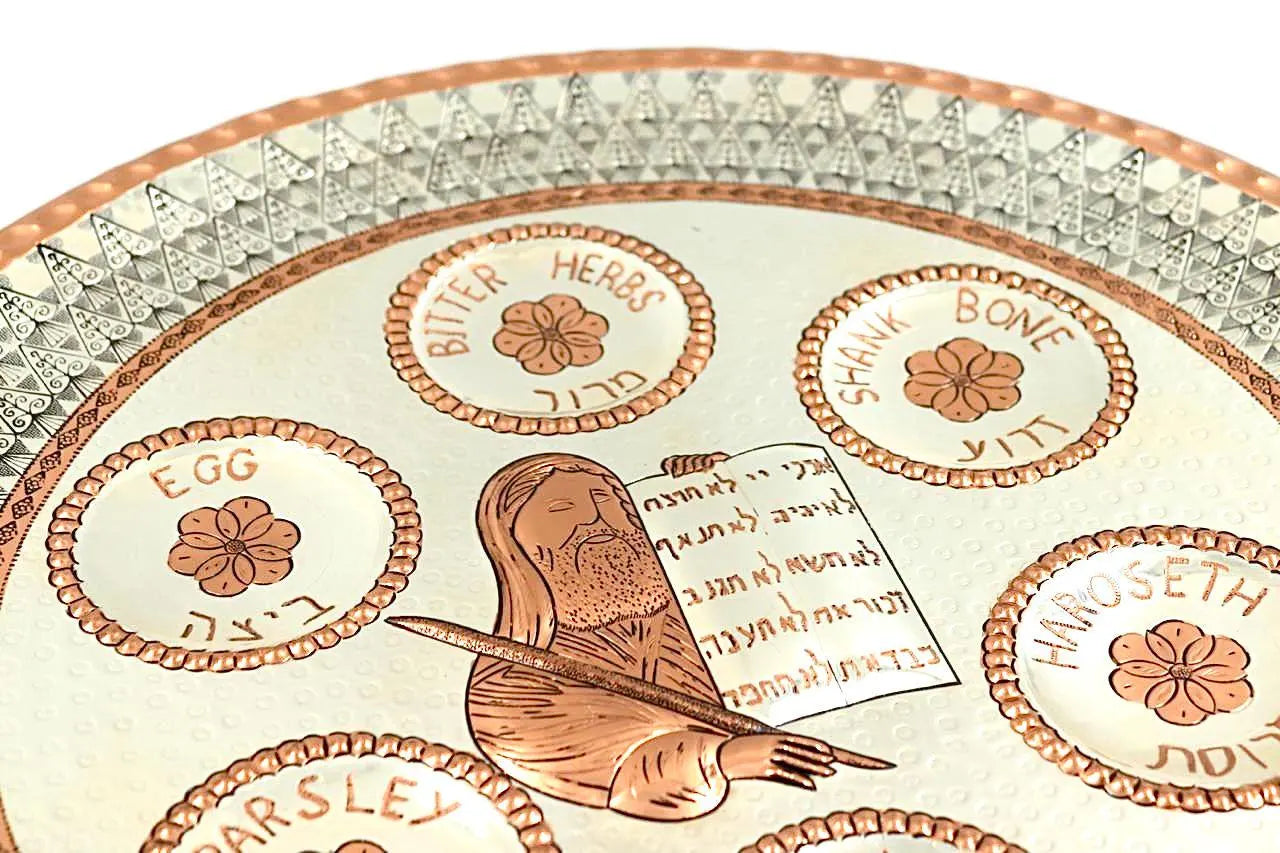 Unique handmade Passover plate. Handmade embroidery on copper and silver of a Passover plate, not blackened. Made by David Miro.