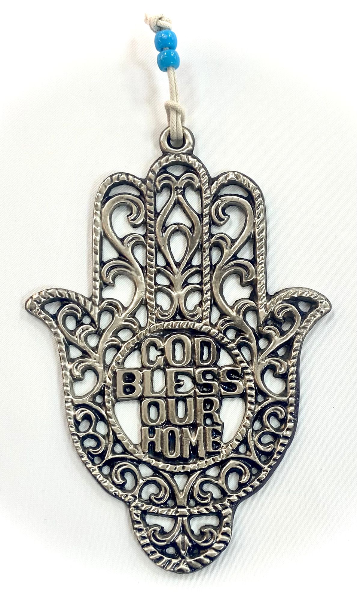 metal hamsa designed with "GOD BLESS OUR HOME"