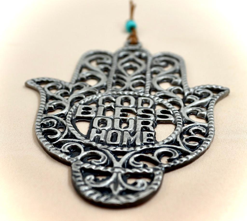 metal hamsa   designed with "GOD BLESS OUR HOME"