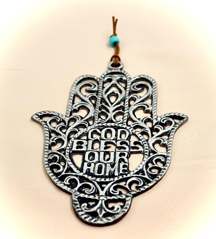 metal hamsa   designed with "GOD BLESS OUR HOME"