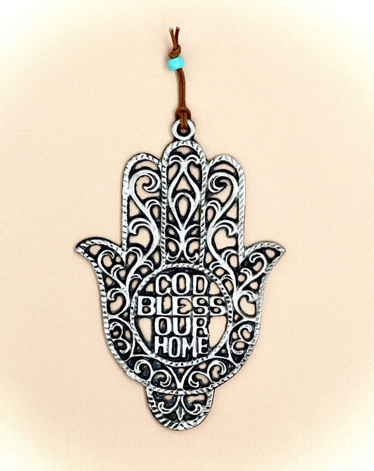 metal hamsa   designed with "GOD BLESS OUR HOME"