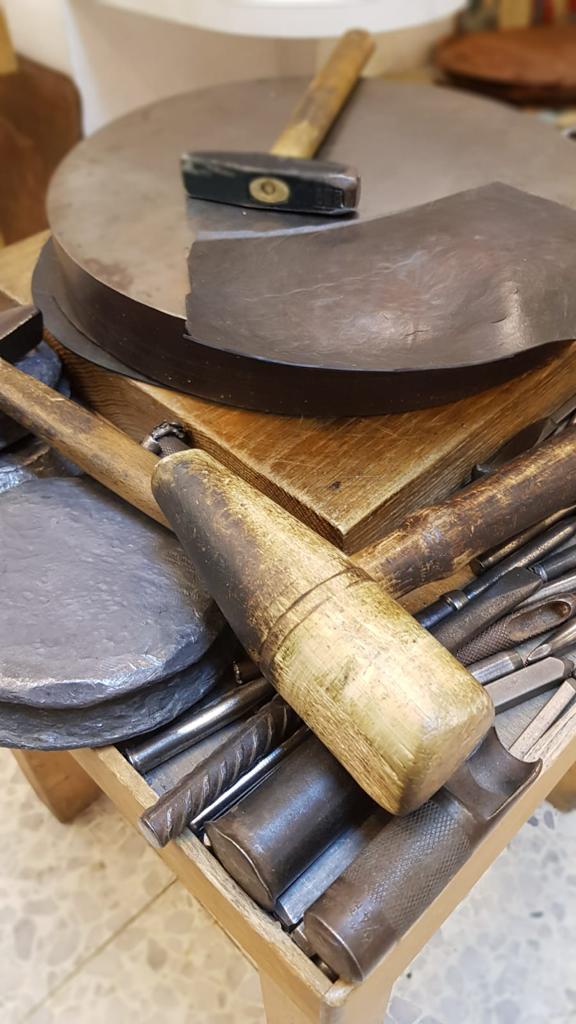 copper and silver Passover seder plate