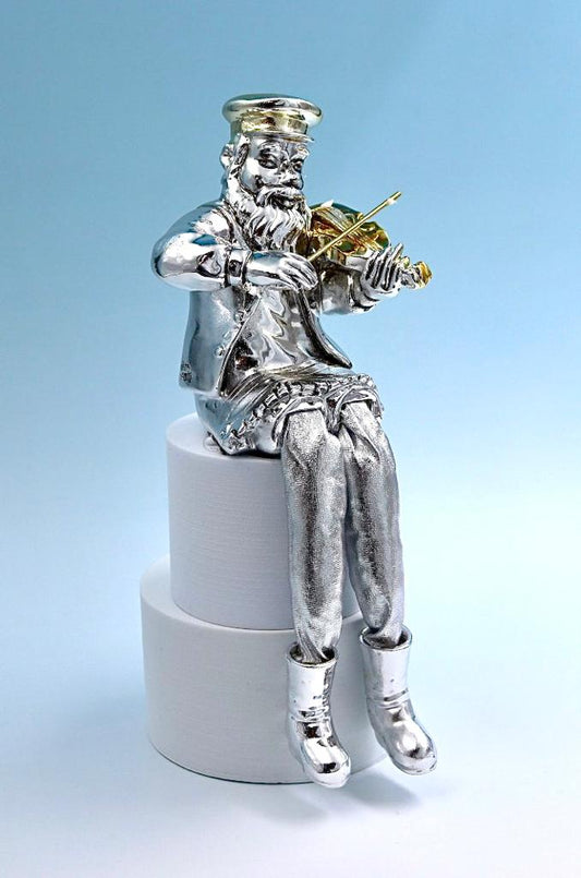 A seated Hasidic playing a violin, made of electroformed silver plating and gold plating.