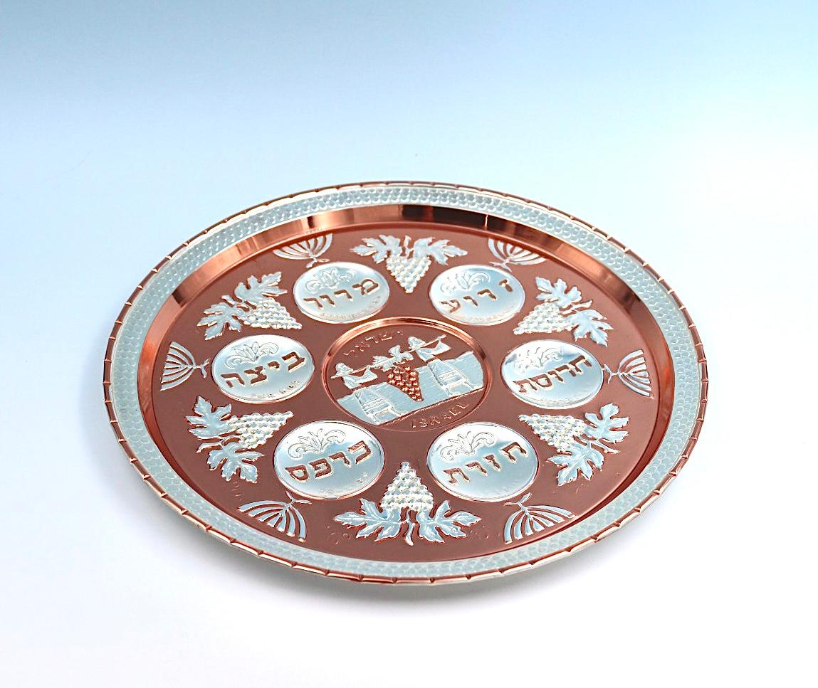 copper and silver Passover seder plate