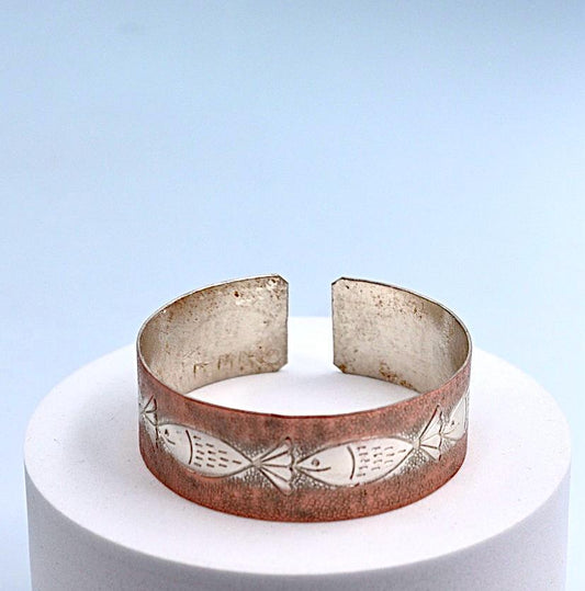 copper bracelet with silver engraved with Fish