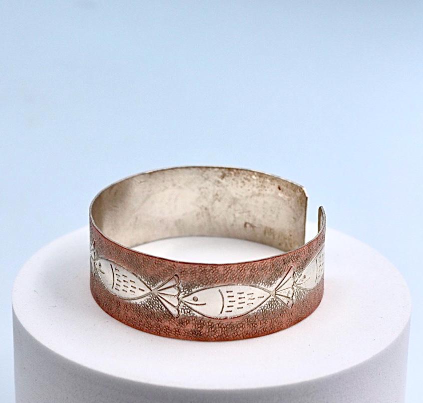 copper bracelet with silver engraved with Fish