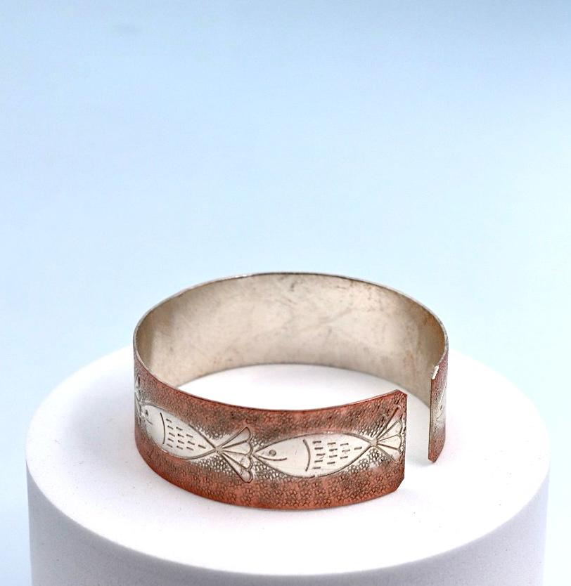 copper bracelet with silver engraved with Fish