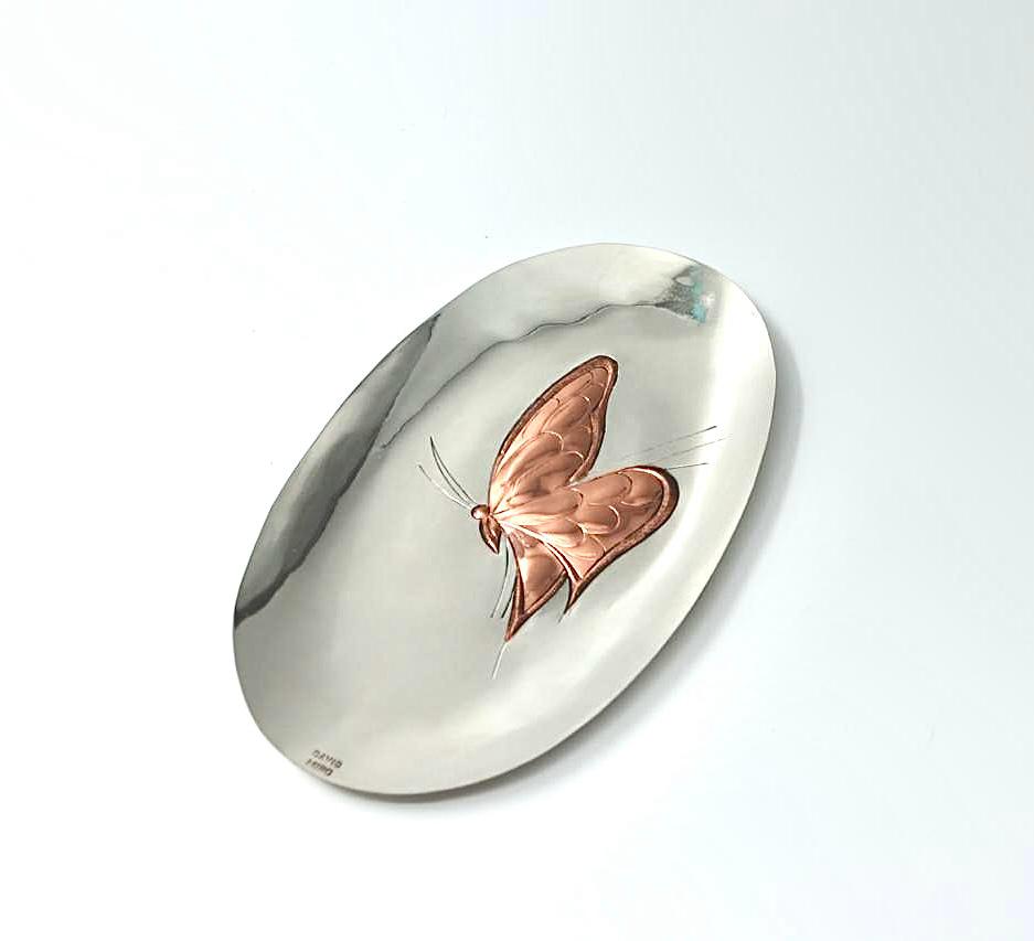 Hand made silver plated copper engraving of a butterfly, hand made by David Miro and Sons.