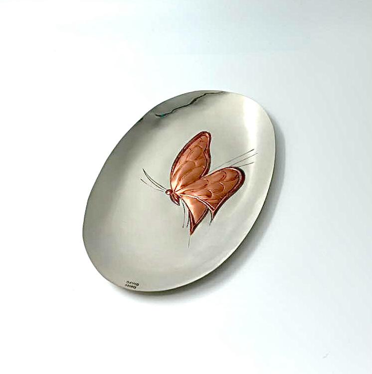 Hand made silver plated copper engraving of a butterfly, hand made by David Miro and Sons.