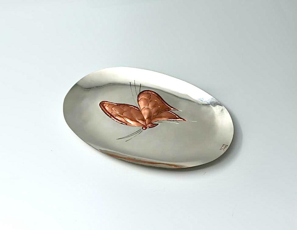 Hand made silver plated copper engraving of a butterfly, hand made by David Miro and Sons.