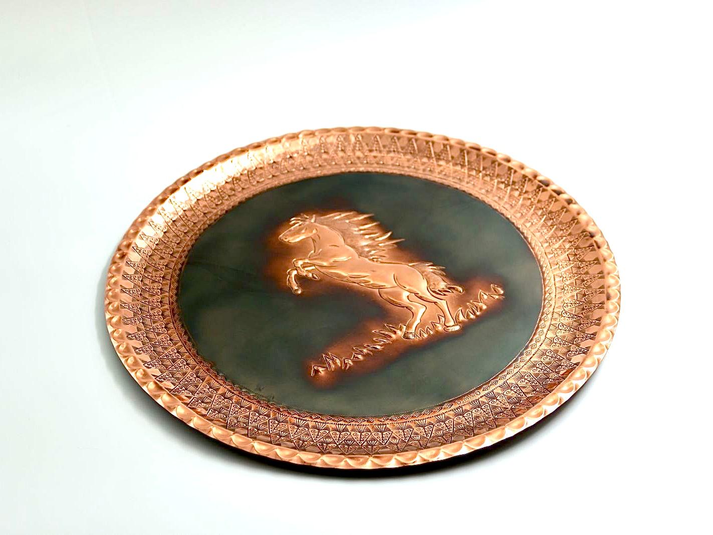 Handmade copper hammered horse.  Blackened copper. Exclusive.