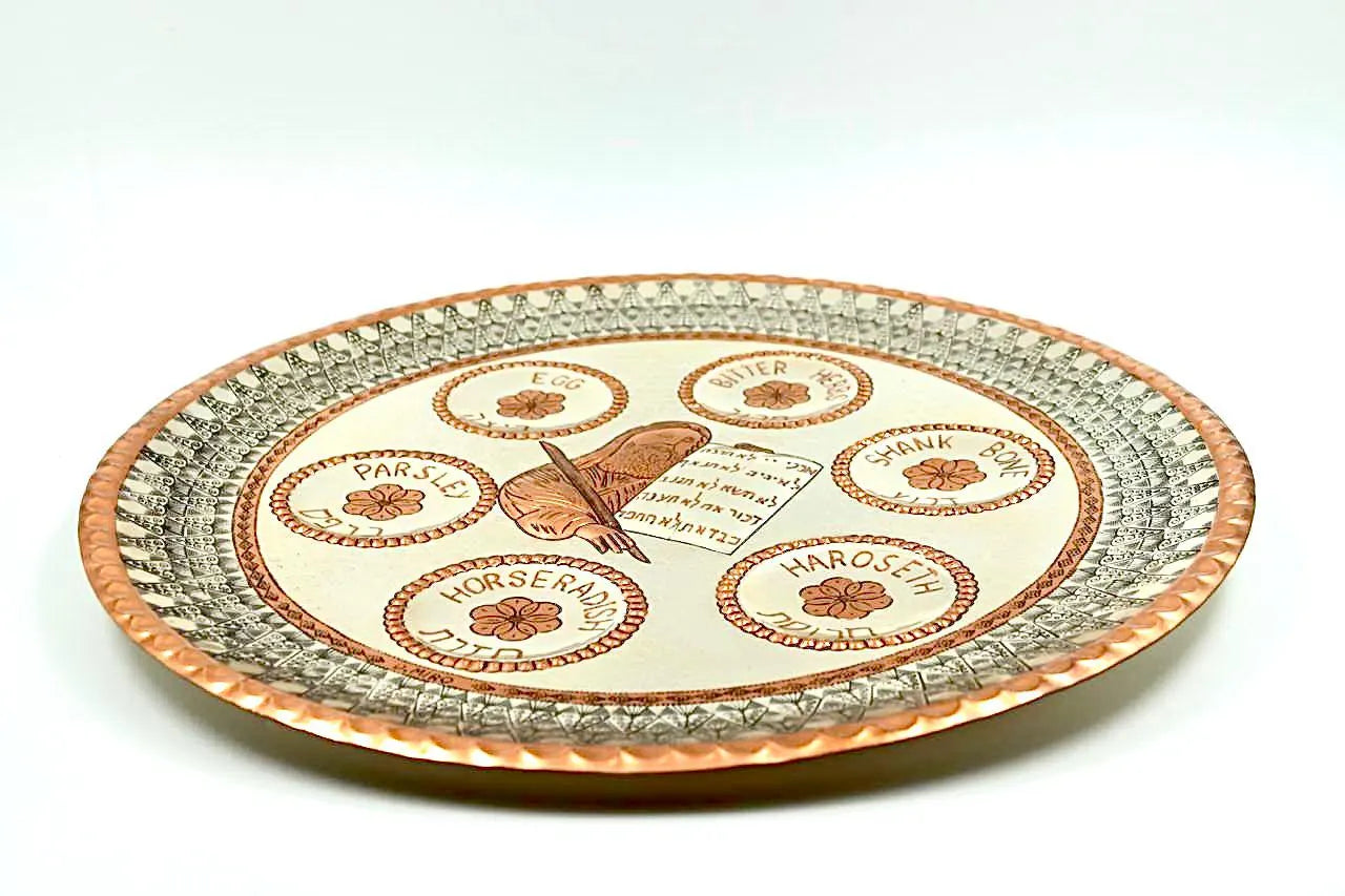 Unique handmade Passover plate. Handmade embroidery on copper and silver of a Passover plate, not blackened.  Made by David Miro.