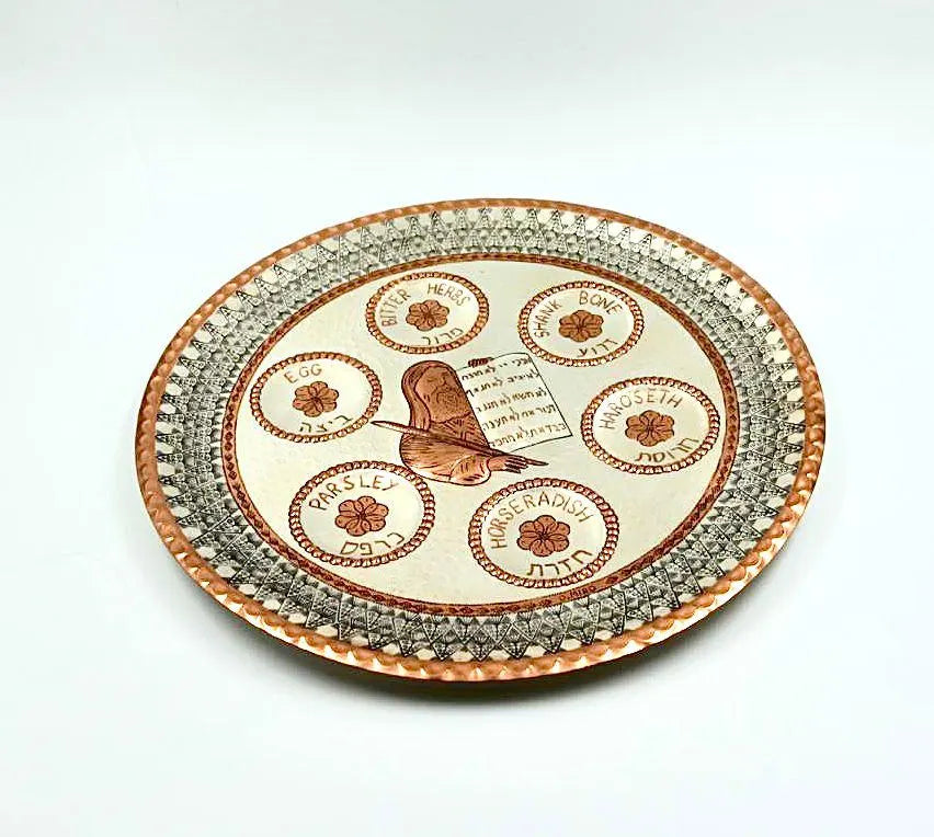 Unique handmade Passover plate. Handmade embroidery on copper and silver of a Passover plate, not blackened.  Made by David Miro.