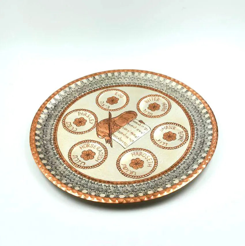 Unique handmade Passover plate. Handmade embroidery on copper and silver of a Passover plate, not blackened.  Made by David Miro.