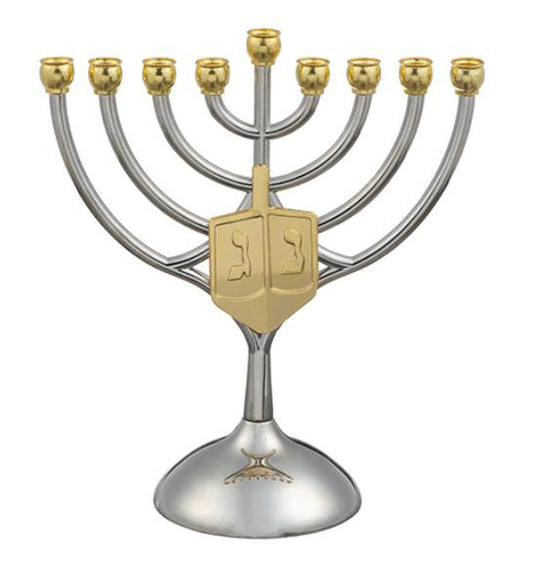 Luxurious gold and silver plated metal menorah decorated with a swirl