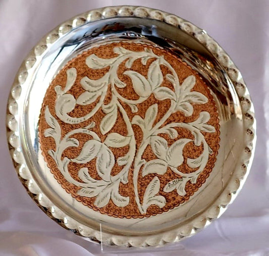 Unique handmade copper hammering with silver plating of decorated leaves