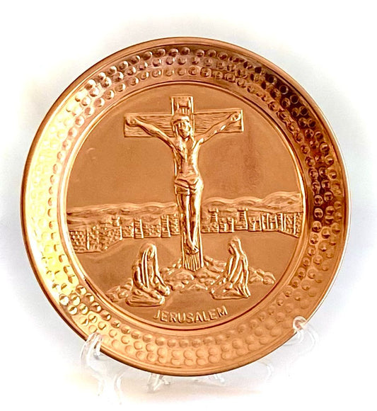 copper plate with the Crucifixion and the walls of Jerusalem