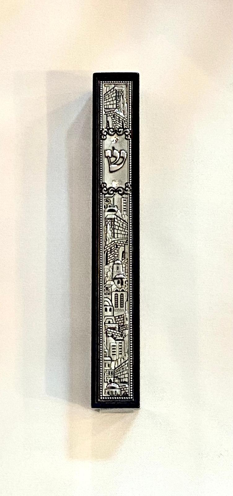 dark wood mezuzah with silver coating and verse